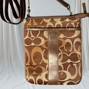 Coach Signature Canvas Brown, Tan and Cream Crossbody Bag with 3 pockets